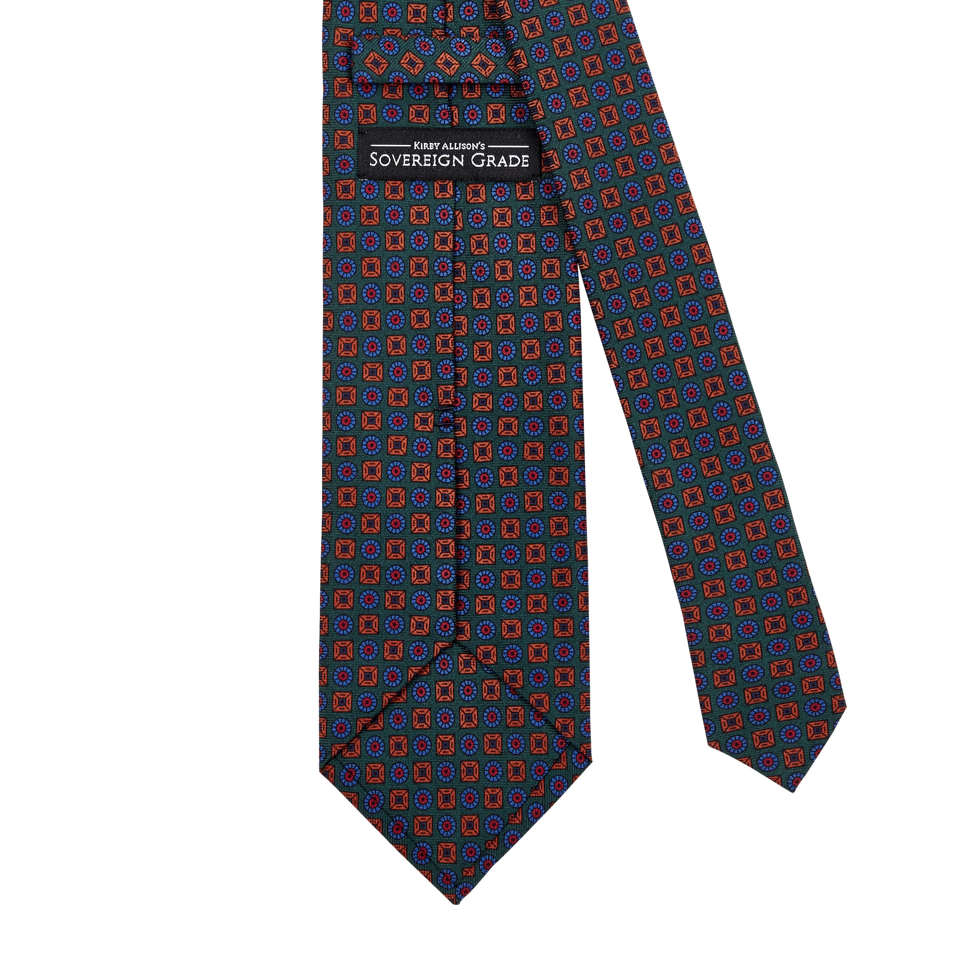 A Sovereign Grade Green Ancient Madder Tie from KirbyAllison.com with a United Kingdom-inspired orange and blue pattern.