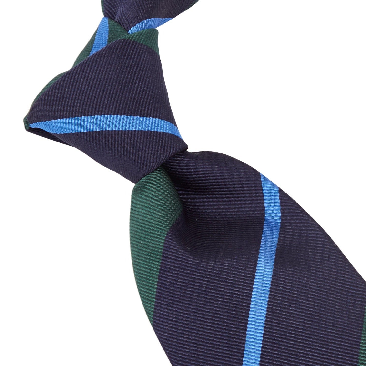 A KirbyAllison.com Sovereign Grade Navy/Green Rep Tie with blue and green stripes on a white background.