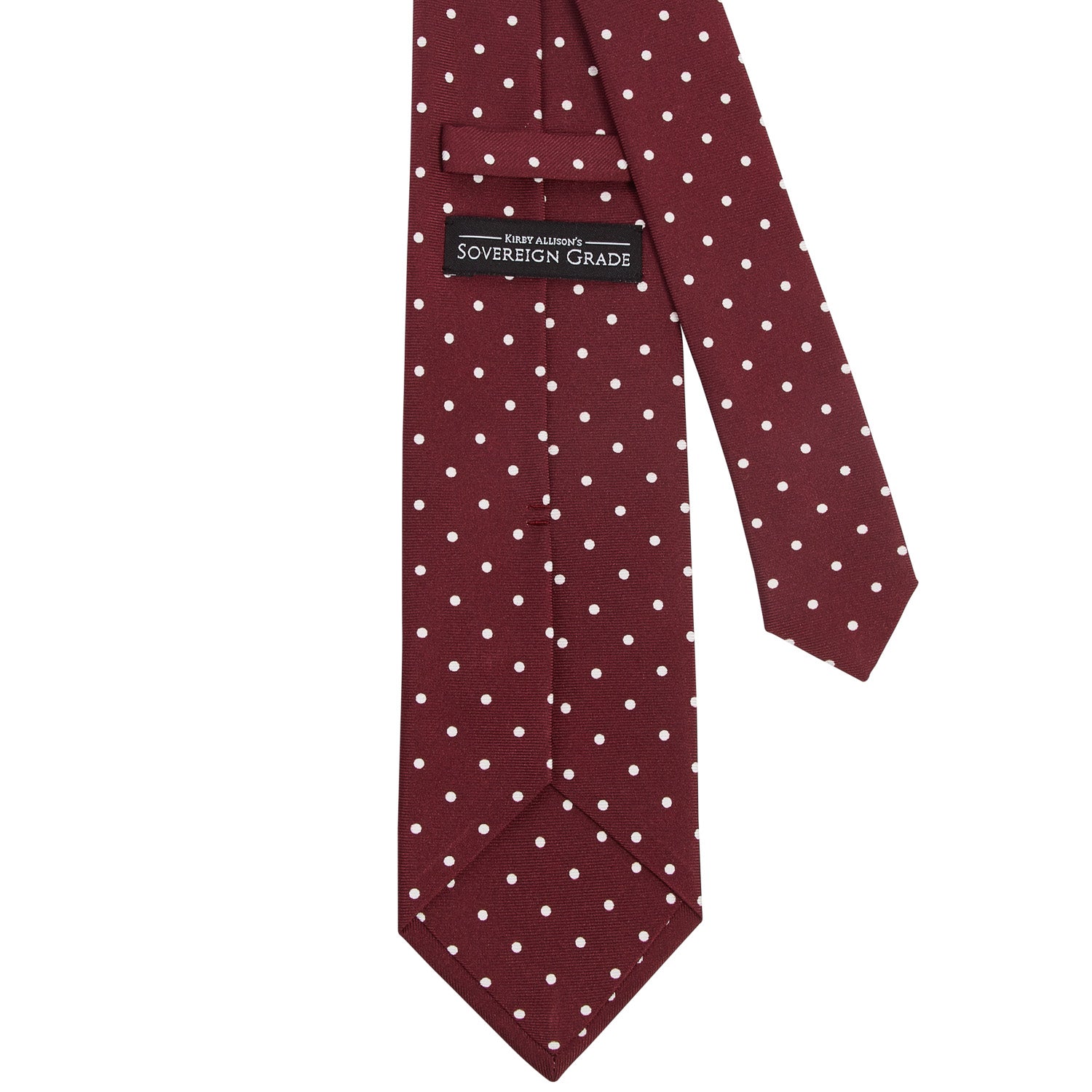 A high-quality Sovereign Grade Burgundy London Dot Printed Silk Tie from KirbyAllison.com on a white background.