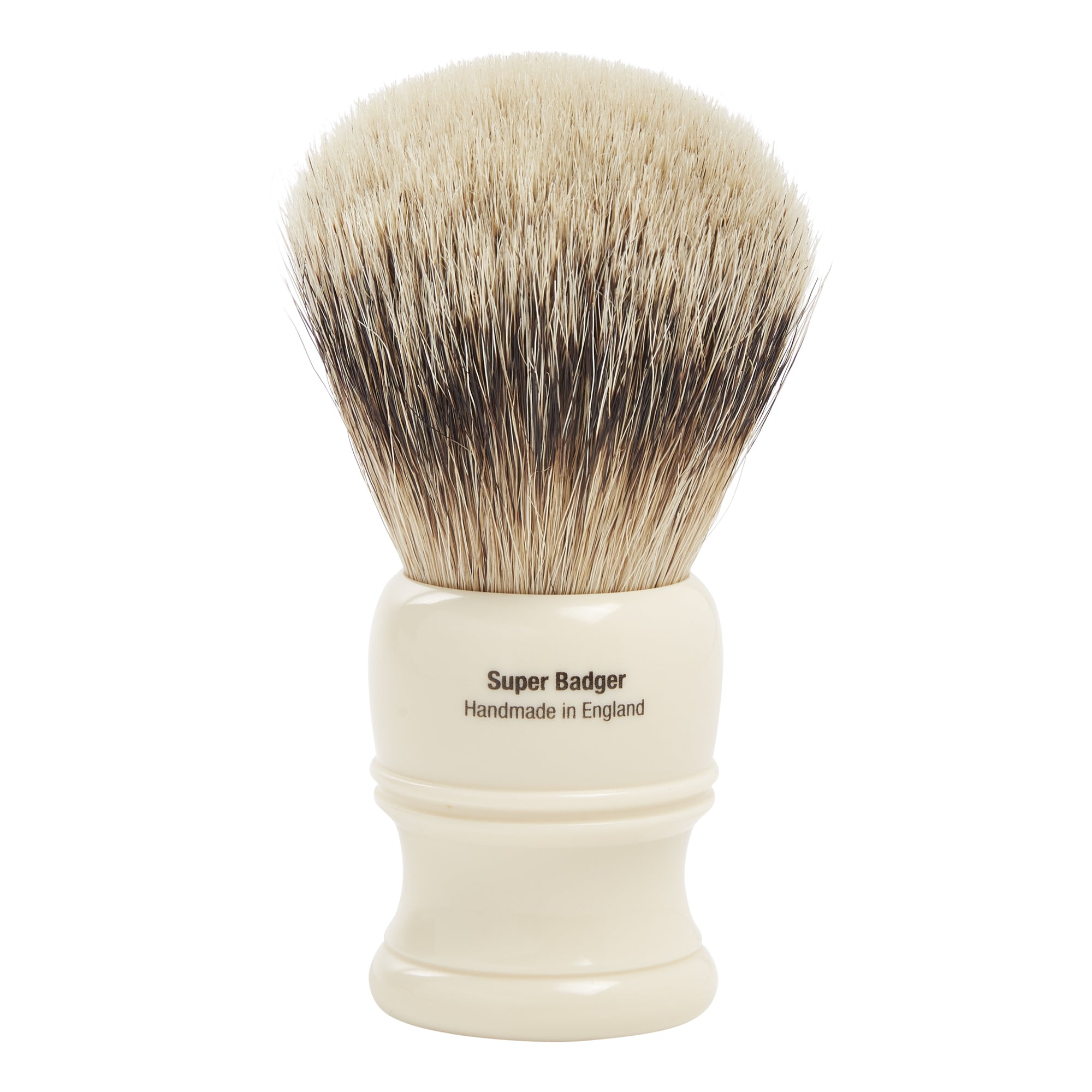 A Sovereign Grade Silvertip Badger Brush by KirbyAllison.com on a white background.