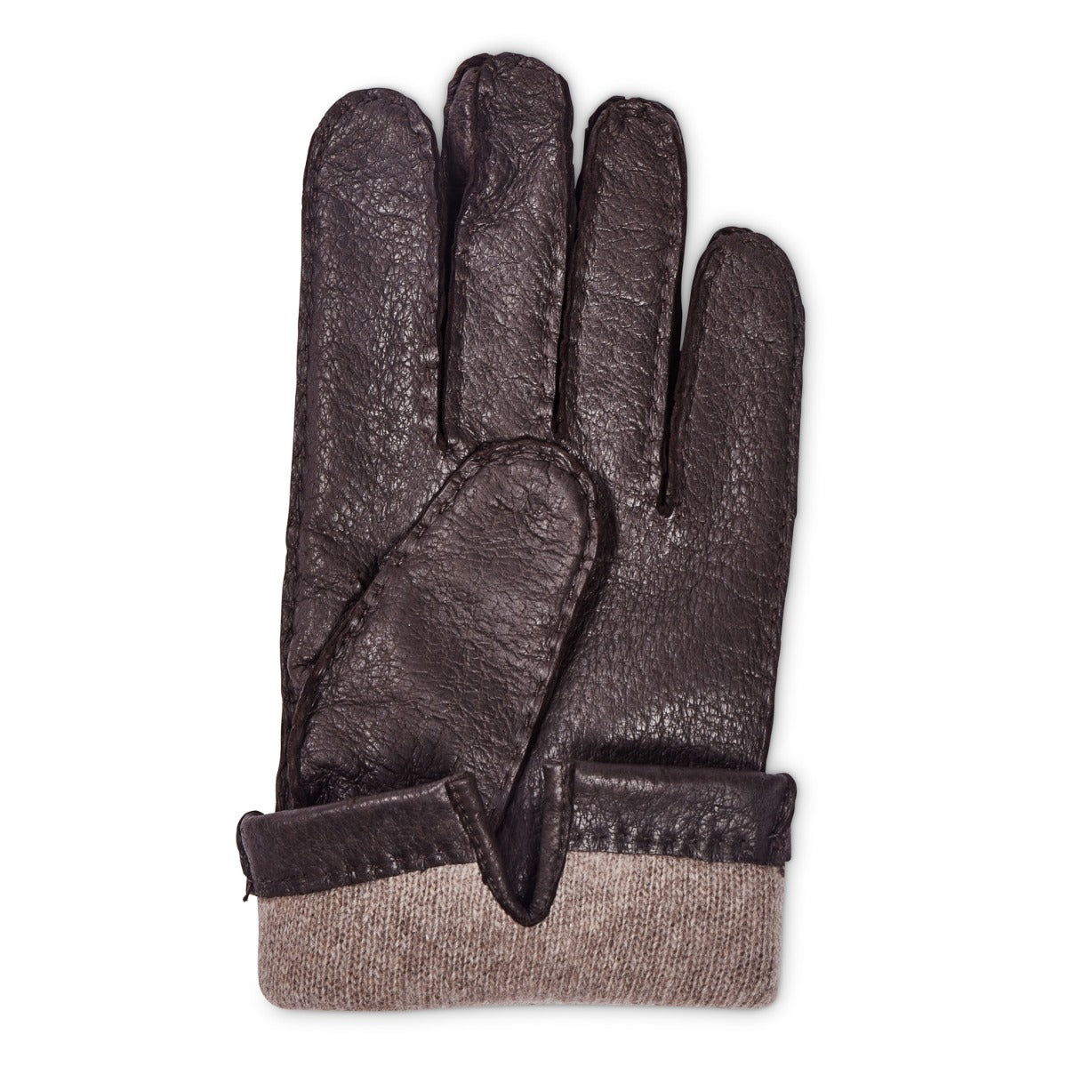 A pair of Sovereign Grade Dark Brown Peccary Leather Gloves, Cashmere Lined by KirbyAllison.com hand-sewn on a white background.