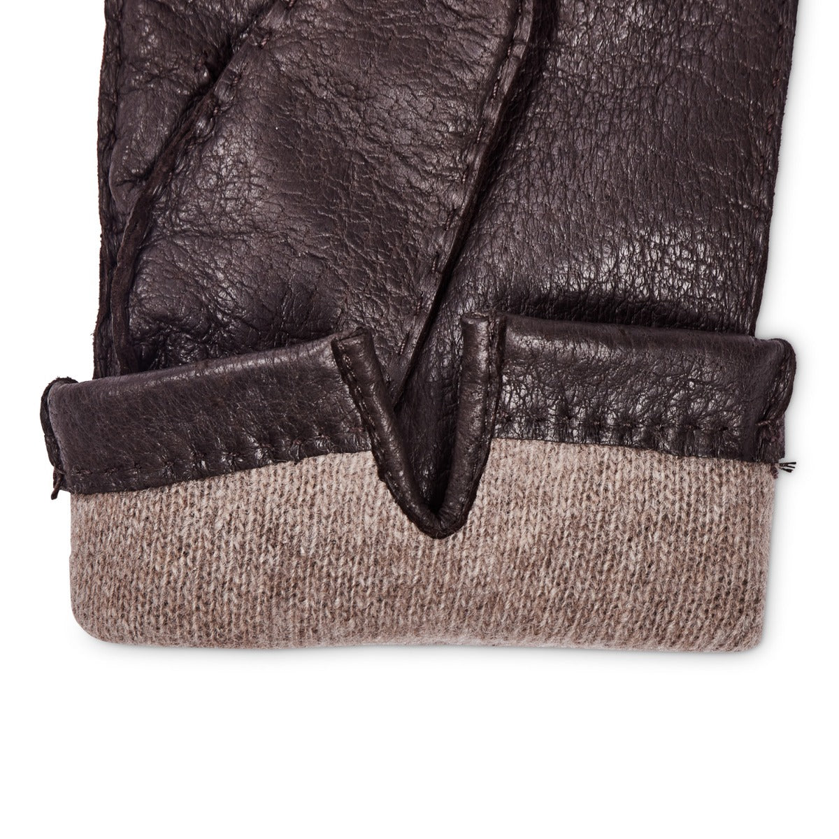 A pair of KirbyAllison.com Sovereign Grade Dark Brown Peccary Leather Gloves, Cashmere Lined on a white surface.