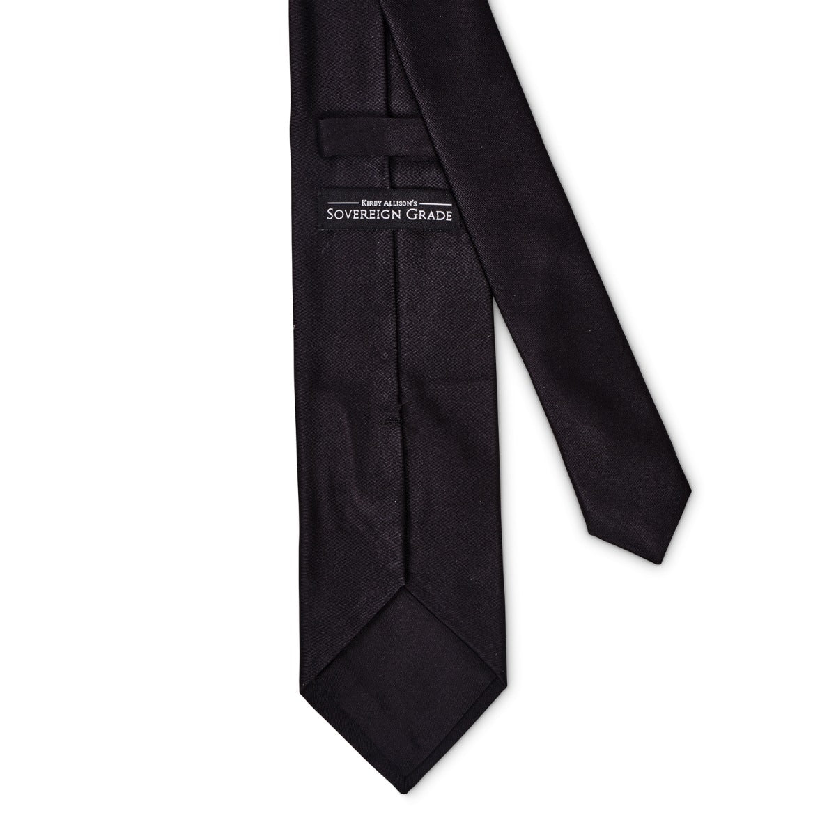 A Sovereign Grade Black Solid Satin Tie handmade in the United Kingdom using 100% English silk, available at KirbyAllison.com.