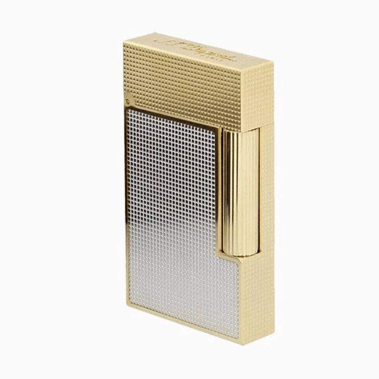 A S.T. Dupont Line 2 Gold and Silver Lighter with a mesh pattern from S.T. Dupont.