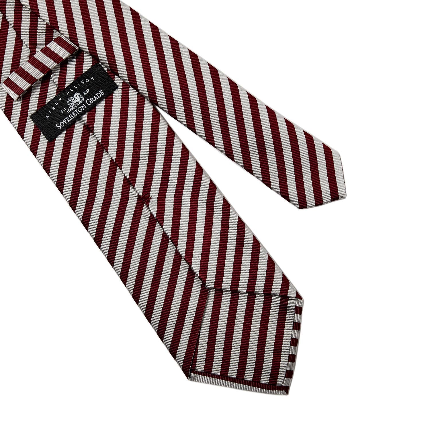 A Sovereign Grade KirbyAllison.com burgundy and silver London stripe silk tie handmade in the United Kingdom, showcased on a white background.