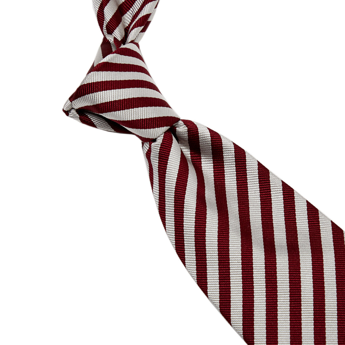 A Sovereign Grade Burgundy and Silver London Stripe Silk Tie by KirbyAllison.com, handmade in United Kingdom, on a white background.