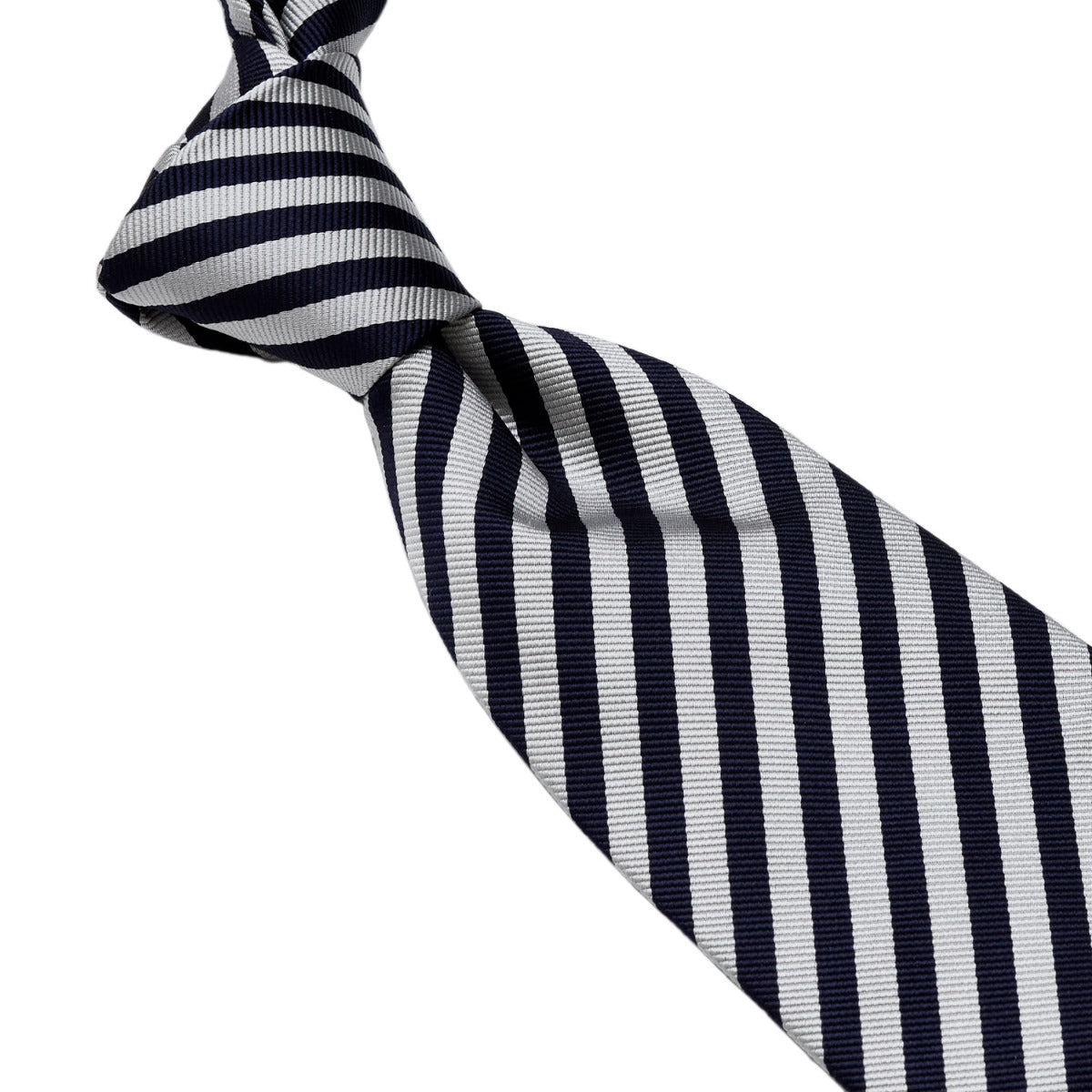 A Sovereign Grade Navy and Silver London Stripe Silk Tie by KirbyAllison.com on a white background.