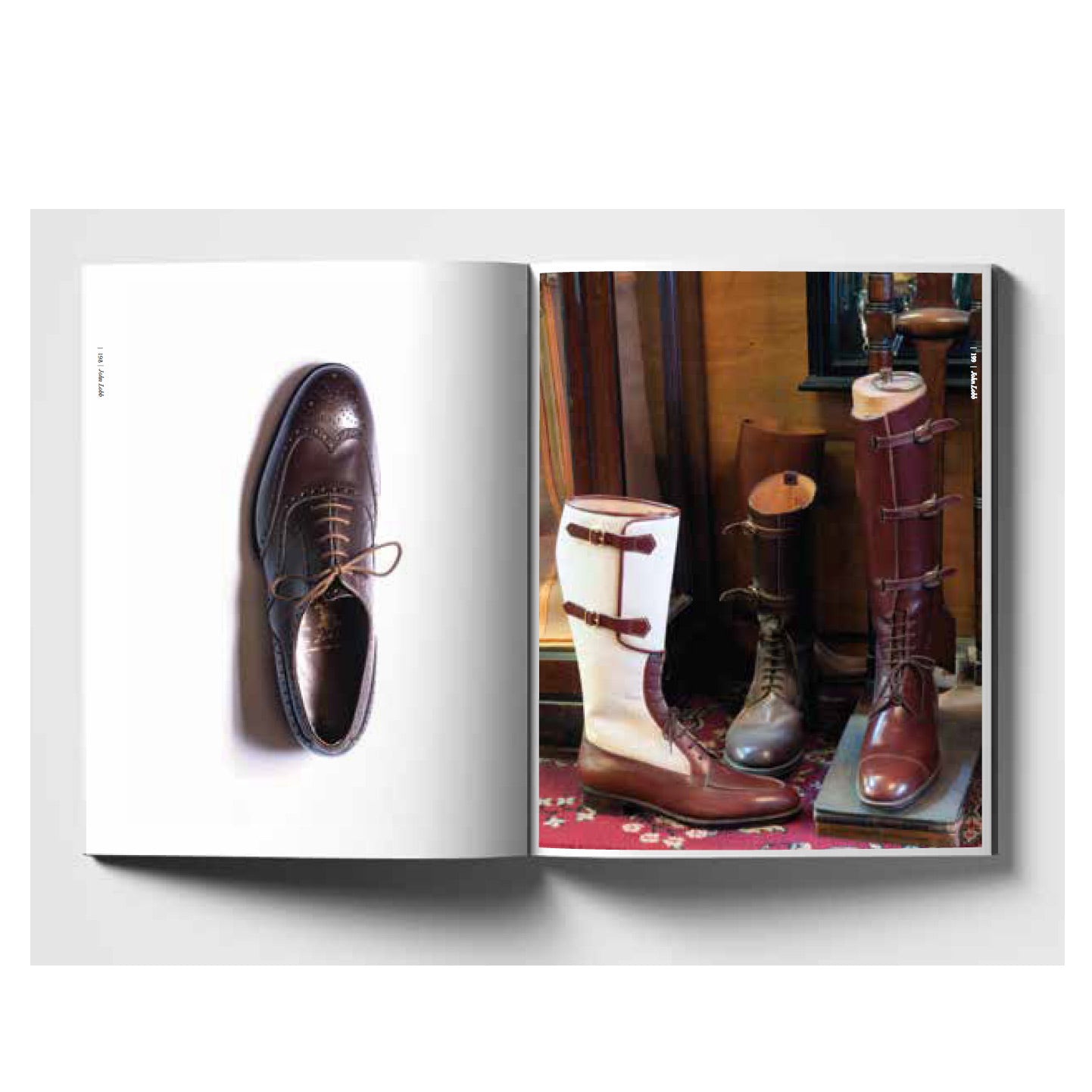 A photobook showcasing Master Shoemakers: The Art and Soul of Bespoke Shoes crafted by KirbyAllison.com, featuring a pair of boots and a pair of shoes.
