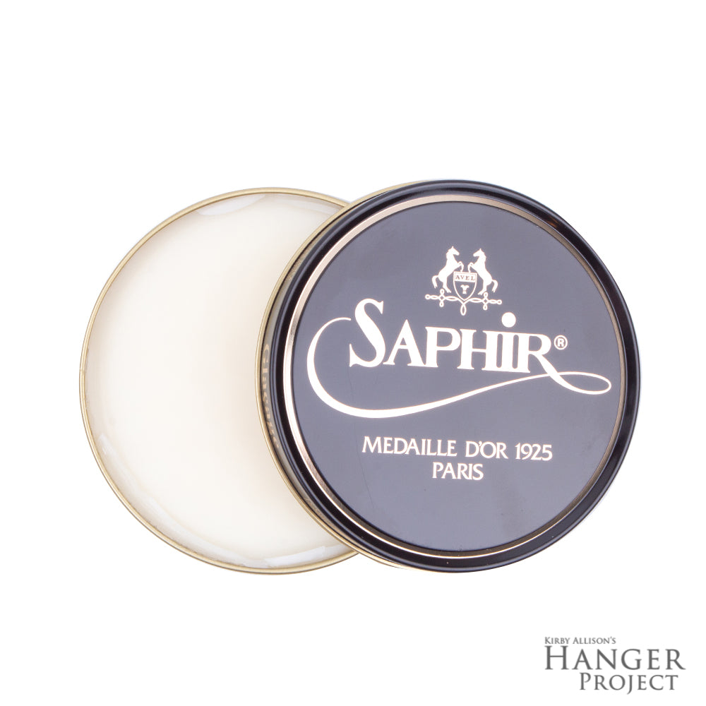 A waterproofing tin of Saphir Dubbin Graisse Conditioner in a white tin for leather conditioning from KirbyAllison.com.