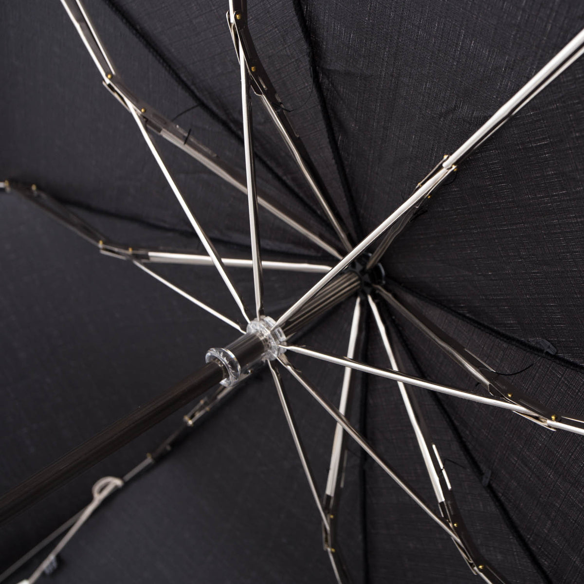 A close up of the Imperial Black Travel Umbrella with Woven Leather Handle from KirbyAllison.com.