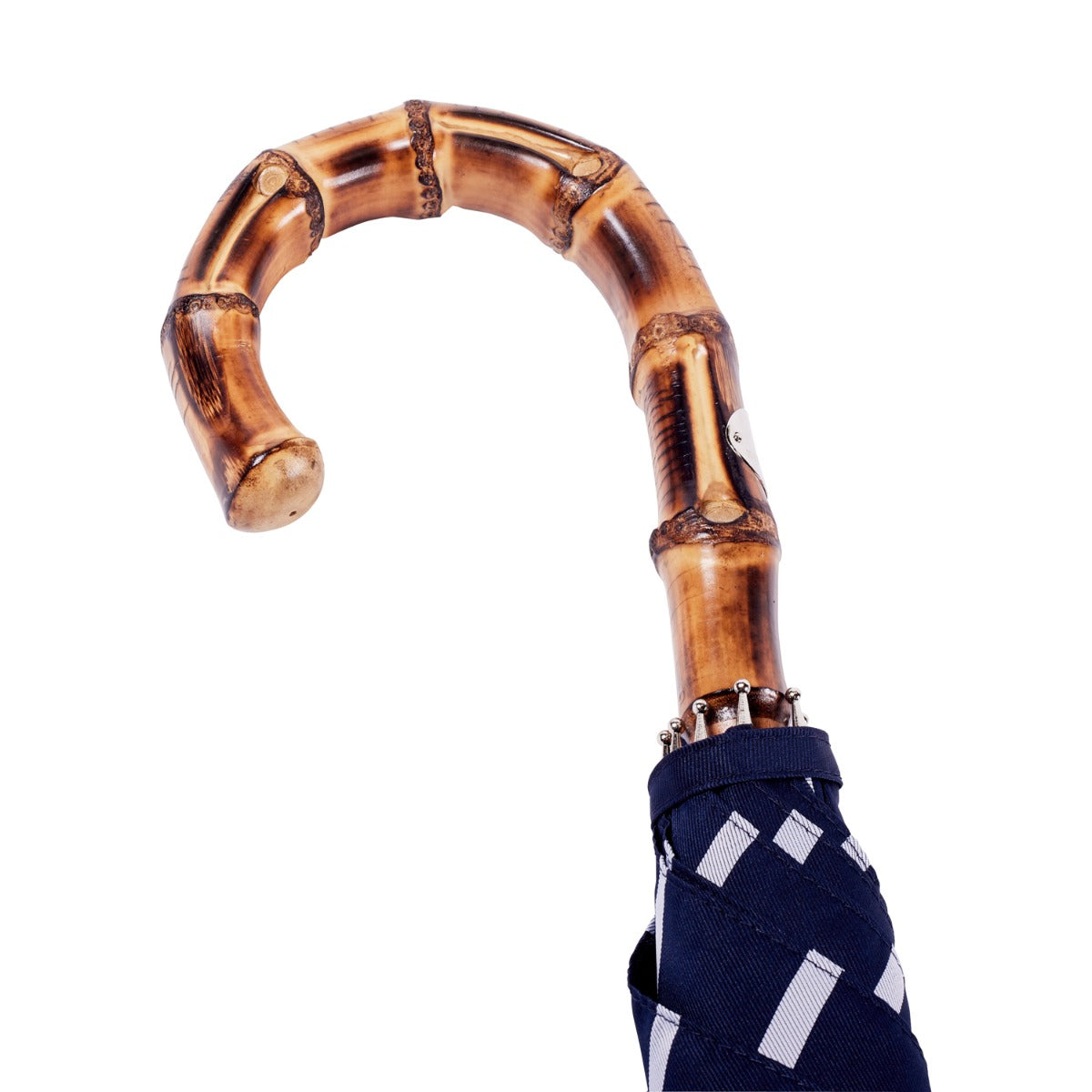 A Navy Pin Stripe umbrella with a bamboo handle featuring an Italian design from KirbyAllison.com.