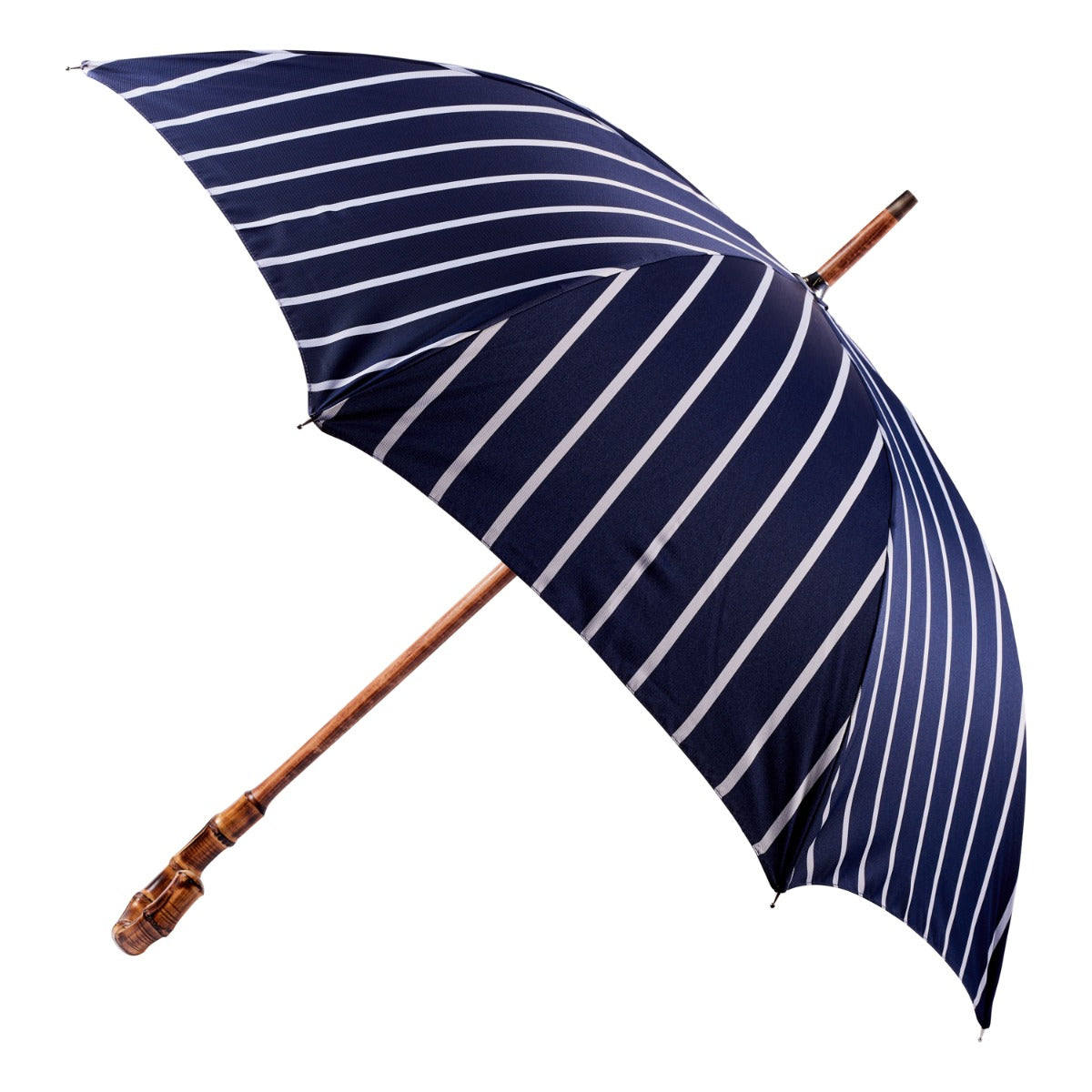 A Navy Pin Stripe KirbyAllison.com umbrella with a bamboo handle.