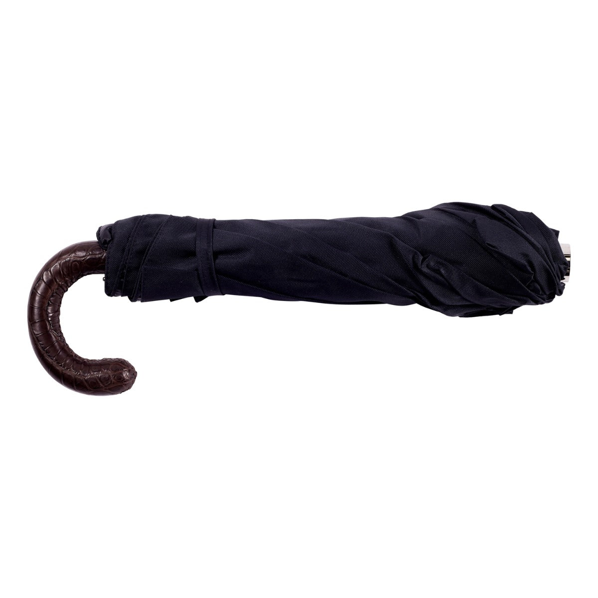 A KirbyAllison.com Brown Alligator Travel Umbrella with Black Canopy on a white background.