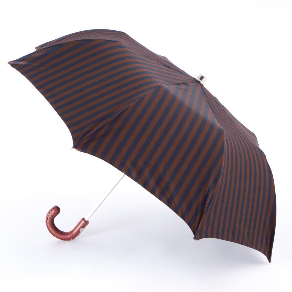 A Navy and Brown Stripe Travel Umbrella with Leather Handle from KirbyAllison.com in Milan, Italy.