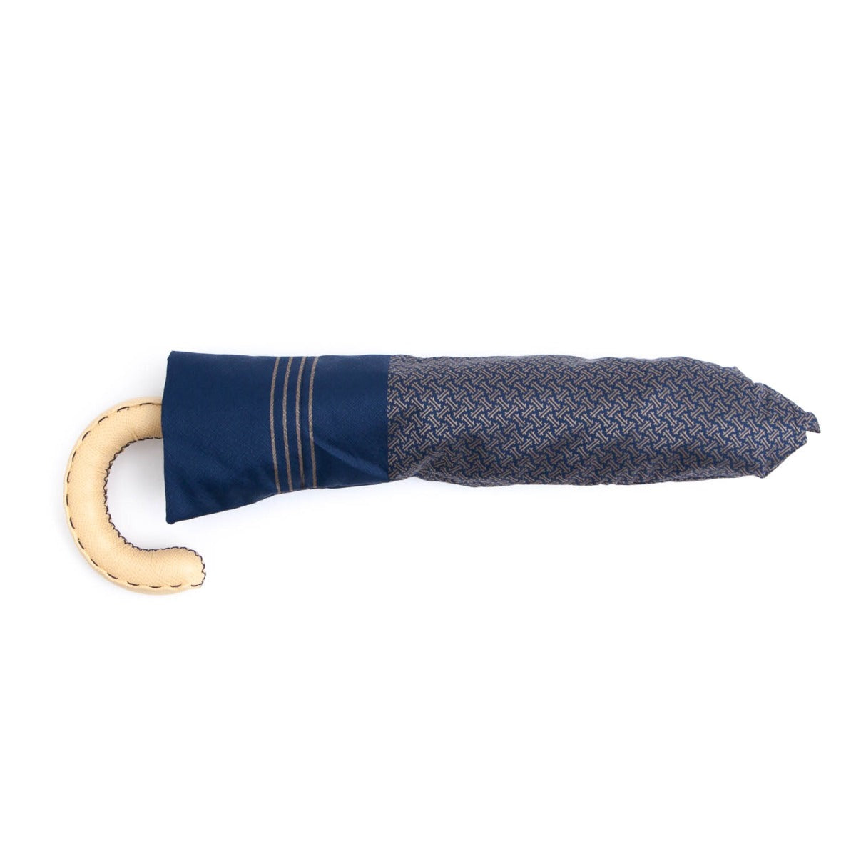 A Patterned Navy Travel Umbrella with Leather Handle by KirbyAllison.com.