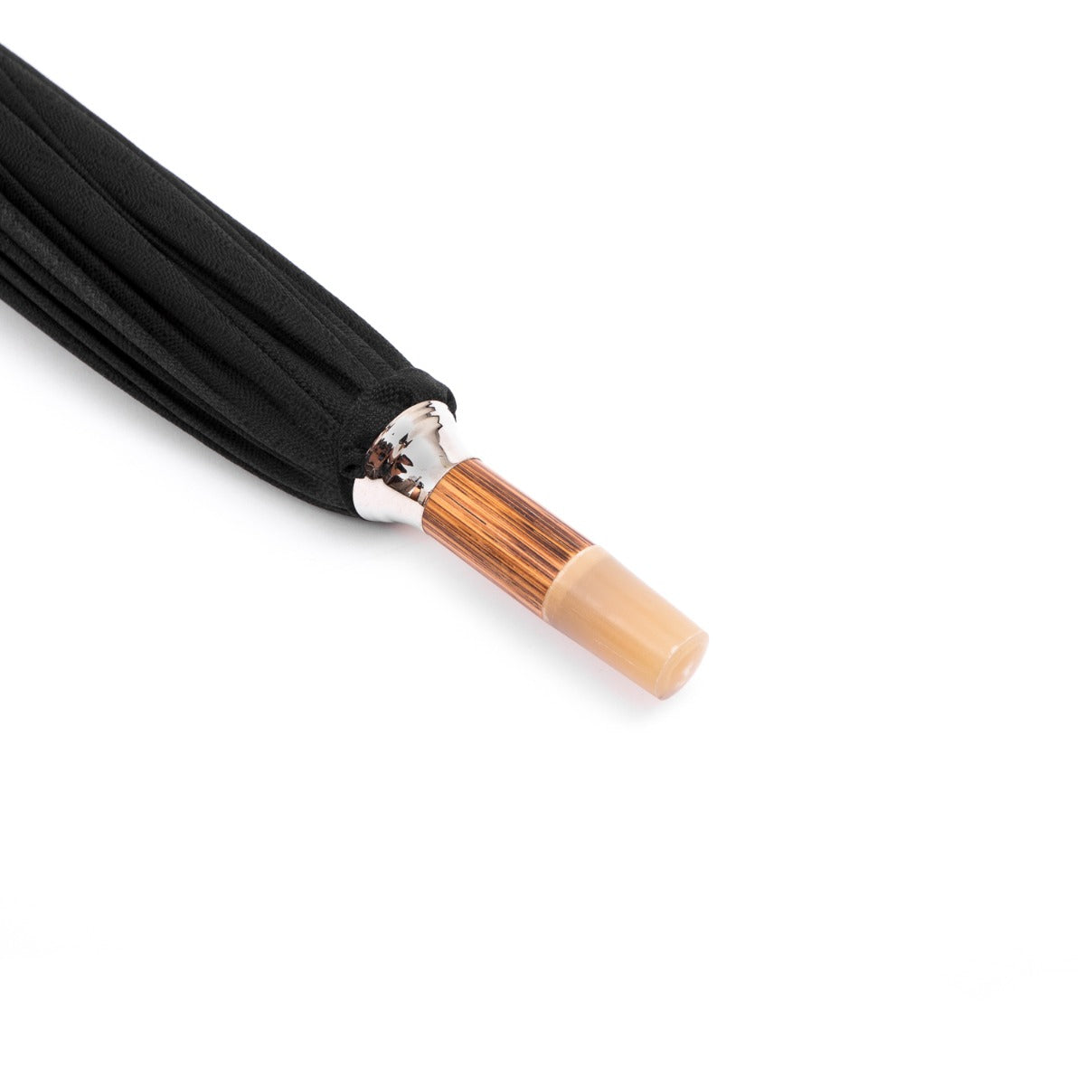 A black tassel on a white background featuring a Manila Root Solid Stick w/ Imperial Black Canopy umbrella by KirbyAllison.com.
