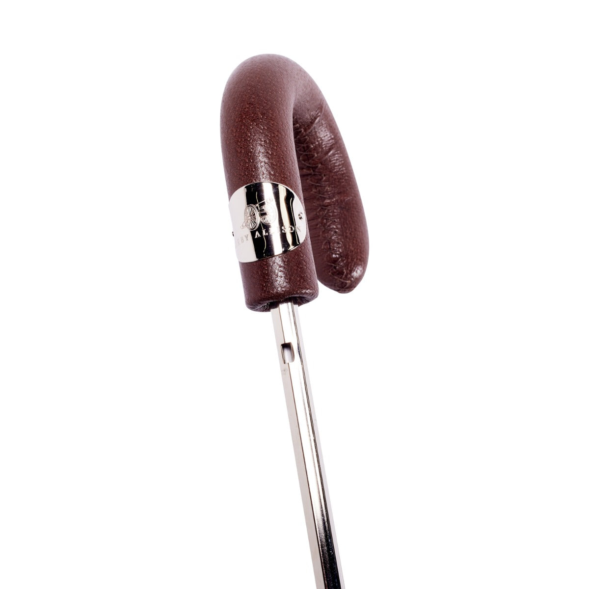A handcrafted Brown Pigskin Travel Umbrella with Black Canopy cane with a silver handle made by Italian umbrella makers from KirbyAllison.com.