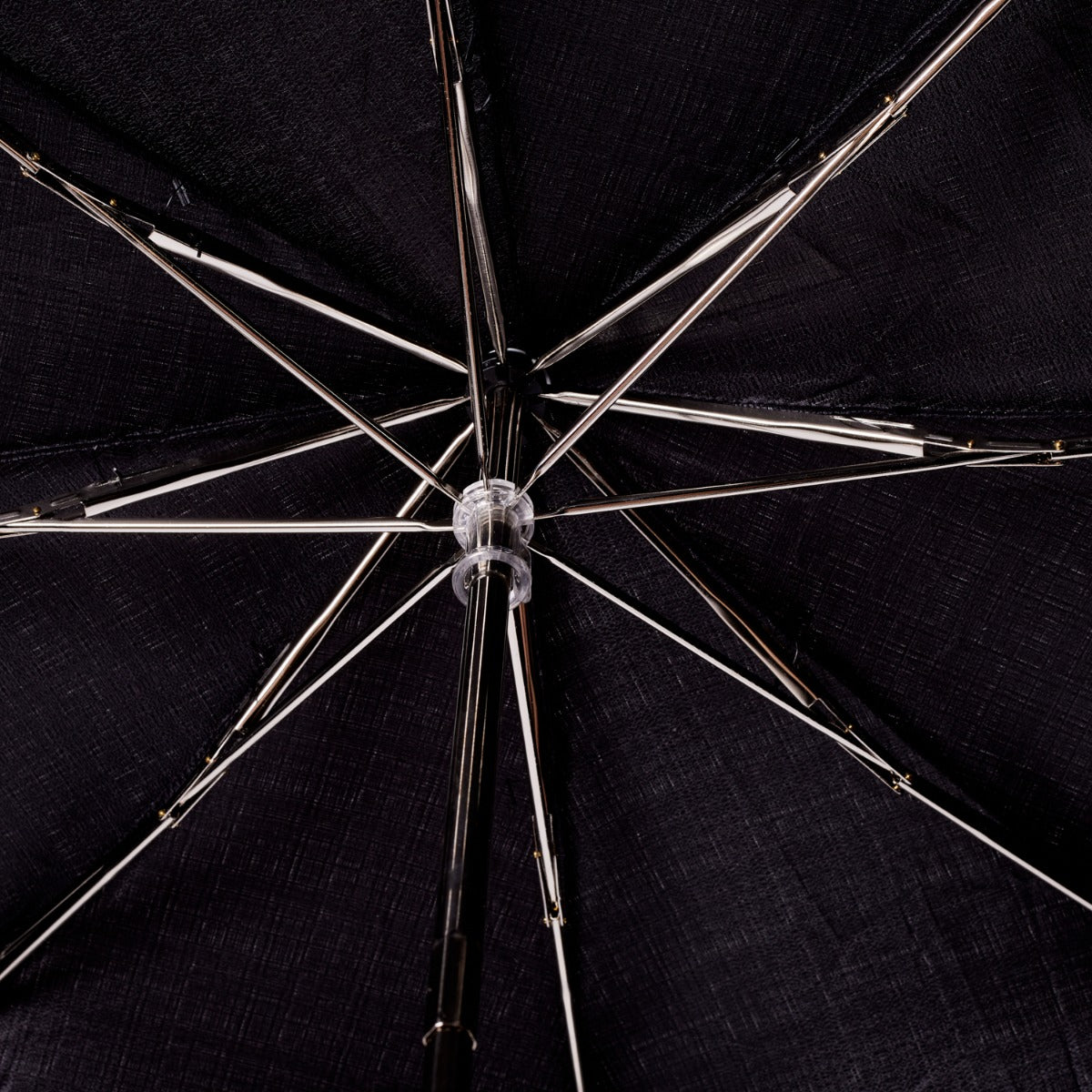 A KirbyAllison.com Brown Pigskin Travel Umbrella with Black Canopy.