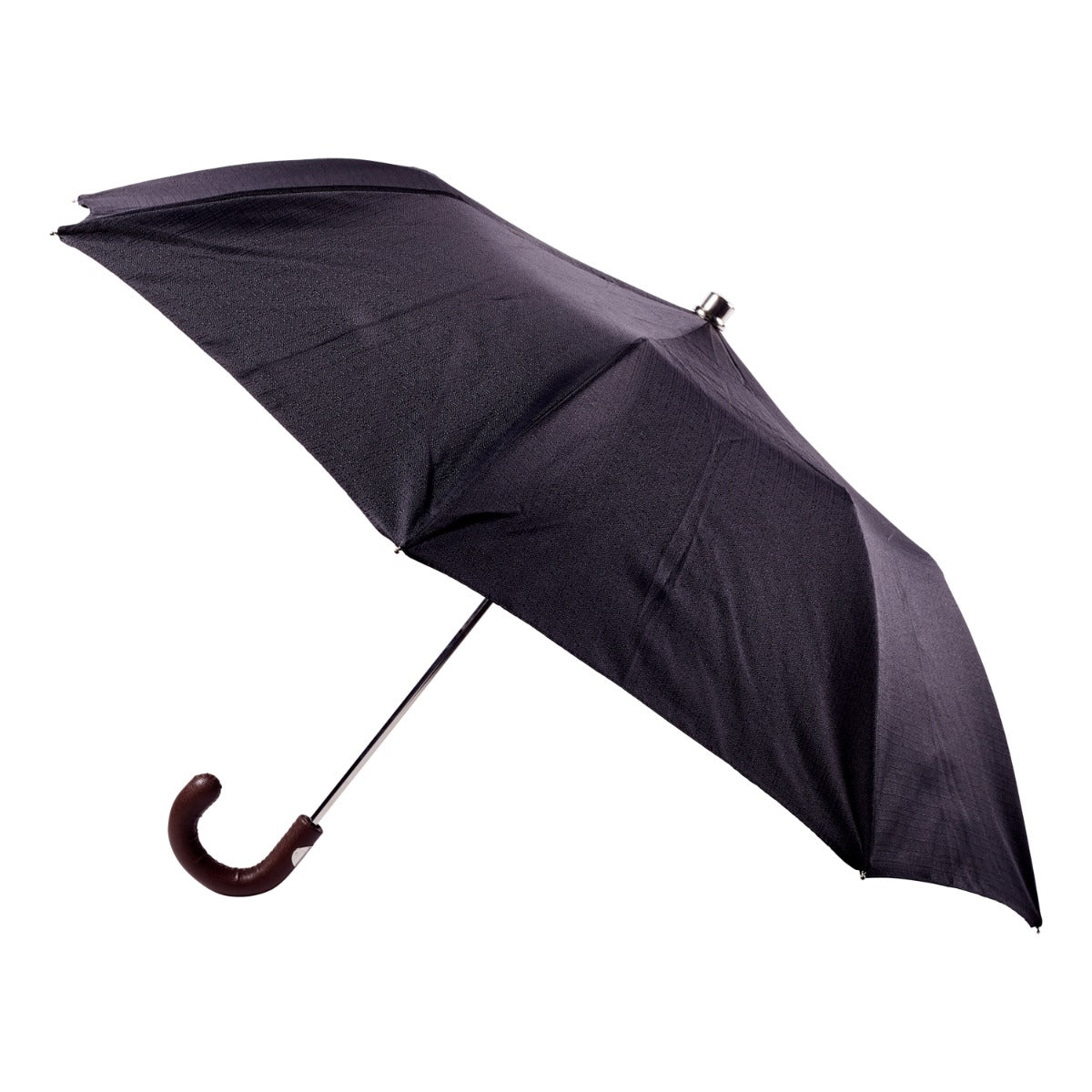 A Brown Pigskin Travel Umbrella with Black Canopy from KirbyAllison.com is open on a white background.