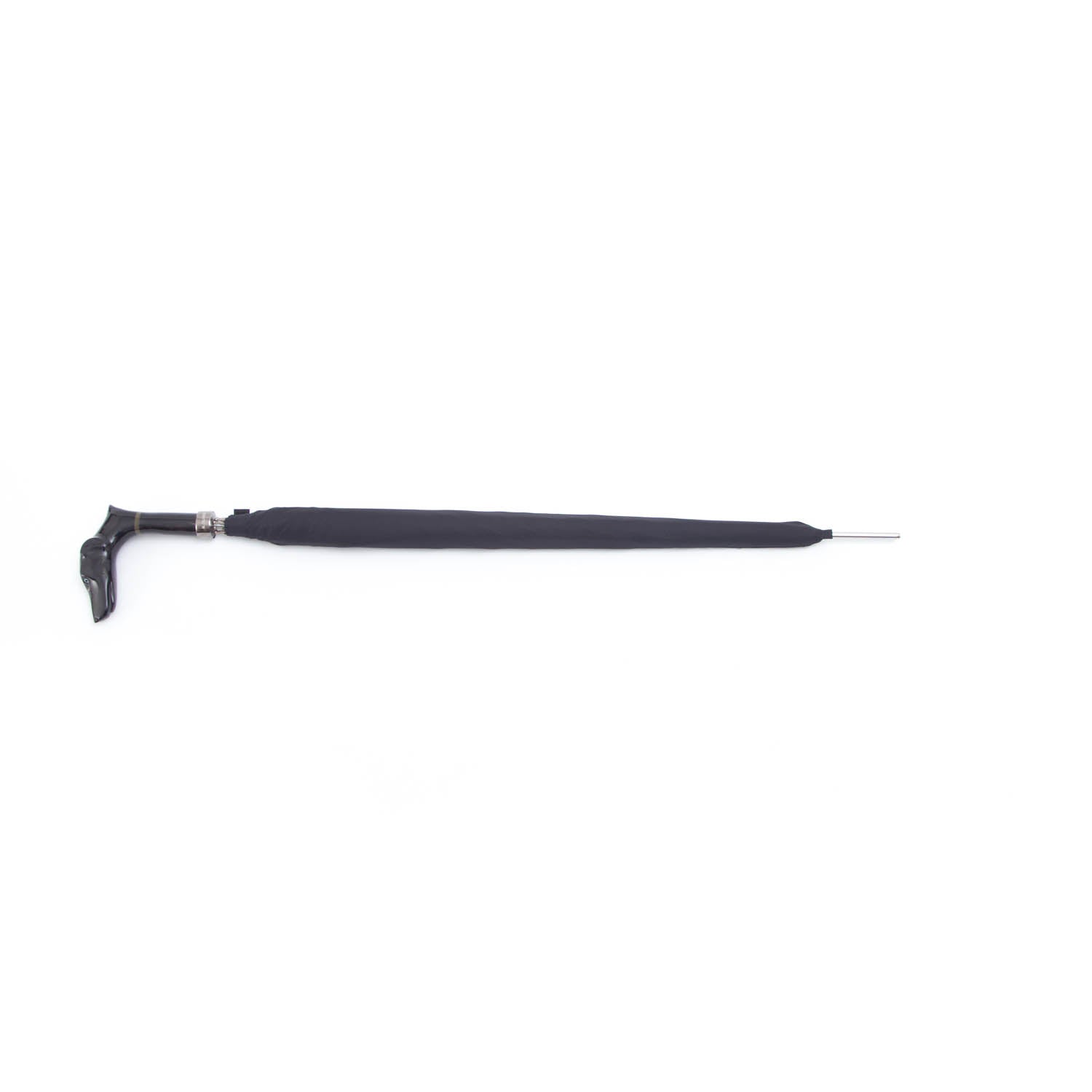 A Mario Talarico Black Canopy Umbrella with Dog Horn Handle on a white background, available at KirbyAllison.com.