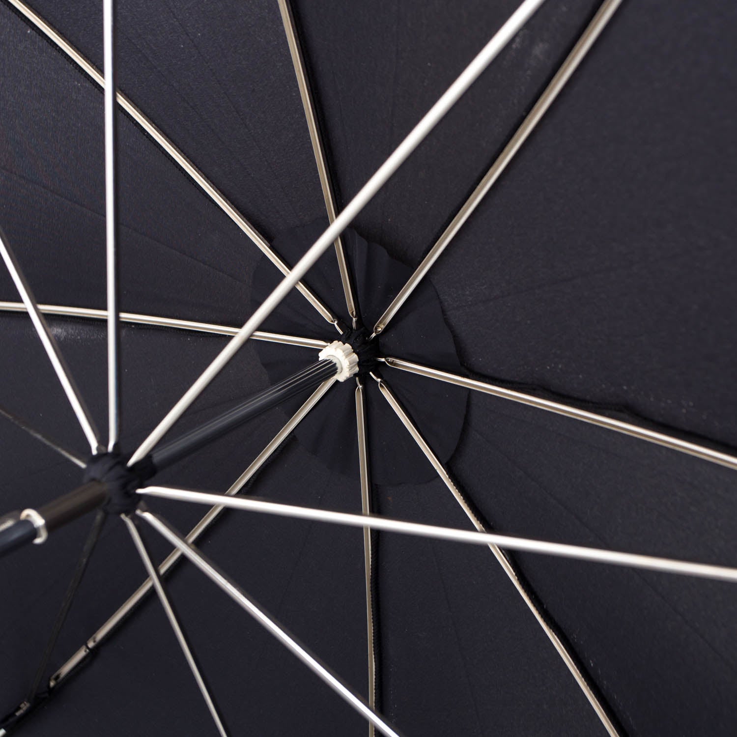 A close up of a Mario Talarico Black Canopy Umbrella with Dog Horn Handle from KirbyAllison.com.