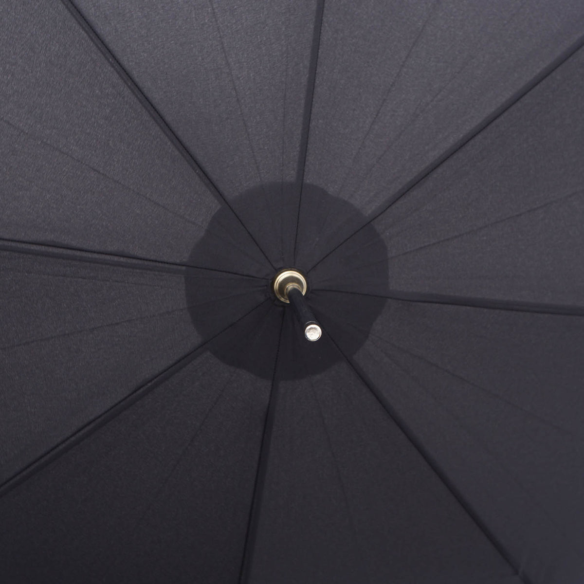 A close up of a Mario Talarico Black Canopy Umbrella with Dog Horn Handle by KirbyAllison.com on a white background.