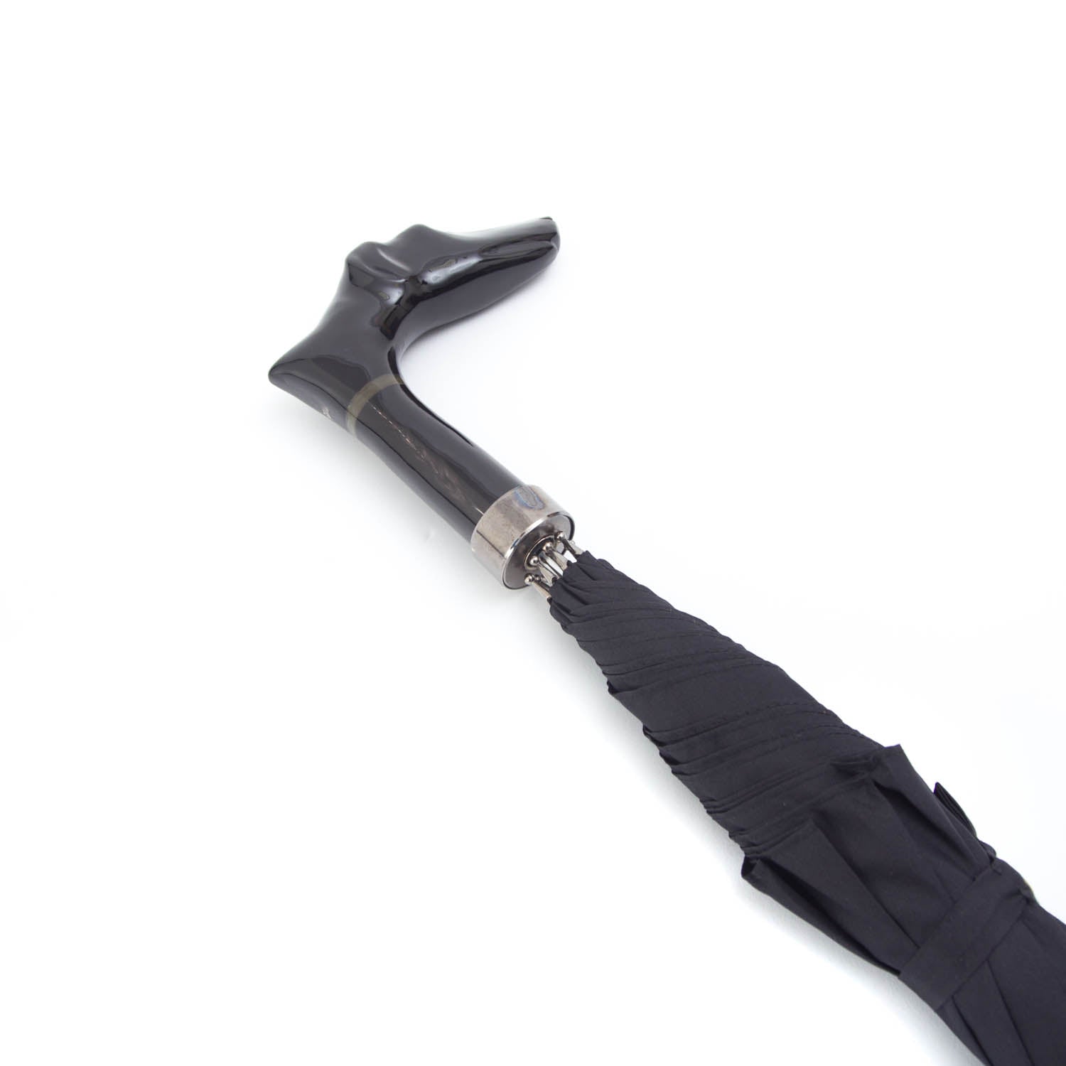 A Mario Talarico Black Canopy Umbrella with Dog Horn Handle on a white background from KirbyAllison.com.