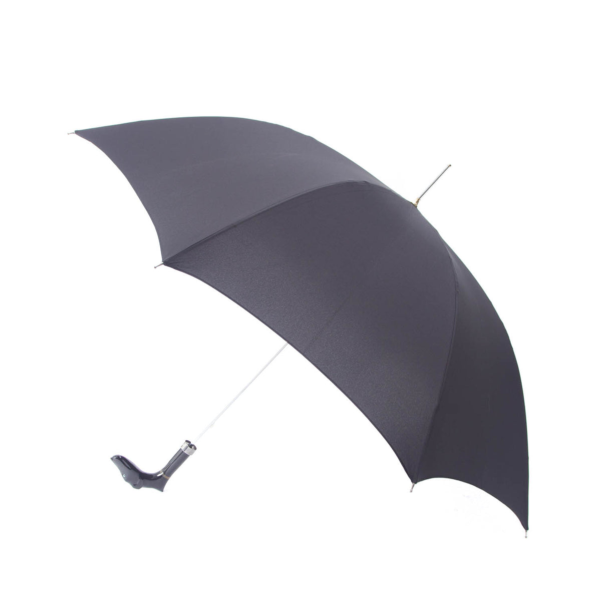A Mario Talarico Black Canopy Umbrella with Dog Horn Handle from KirbyAllison.com is open on a white background.