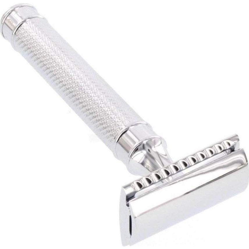 A Mühle R89 Closed Comb Safety Razor from KirbyAllison.com with the keyword "razors" on a white background.
