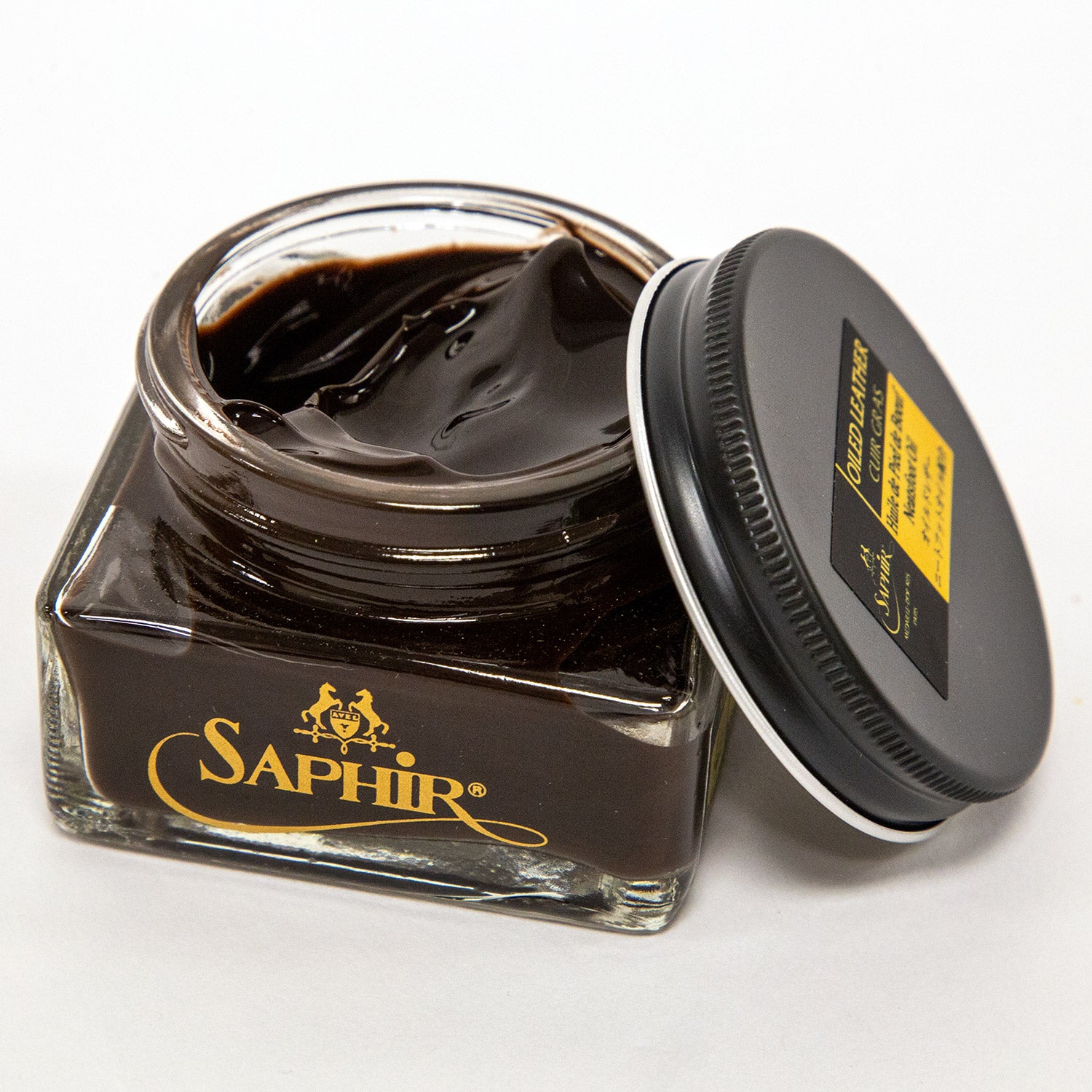 A jar of Saphir Medaille d'Or Oiled Leather Cream for Chromexcel made by KirbyAllison.com in France.