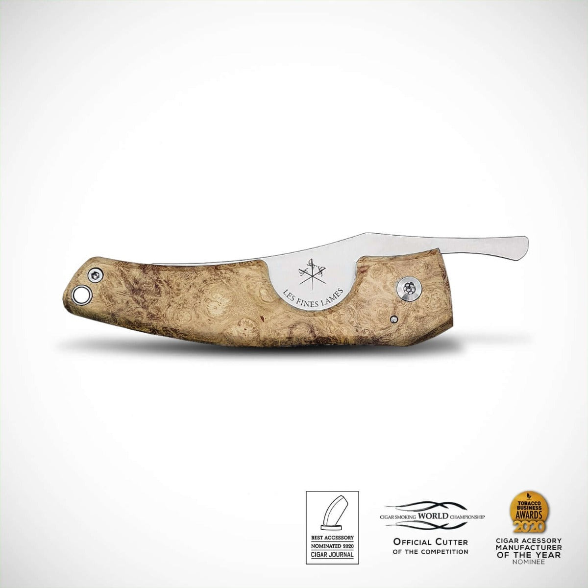 A rot-proof Kirby Allison Acacia Burl Cigar Knife with a stainless steel blade.