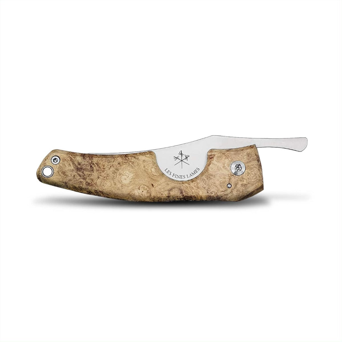 A rot-proof, friction folder Kirby Allison Acacia Burl Cigar Knife with a wooden handle on a white background.