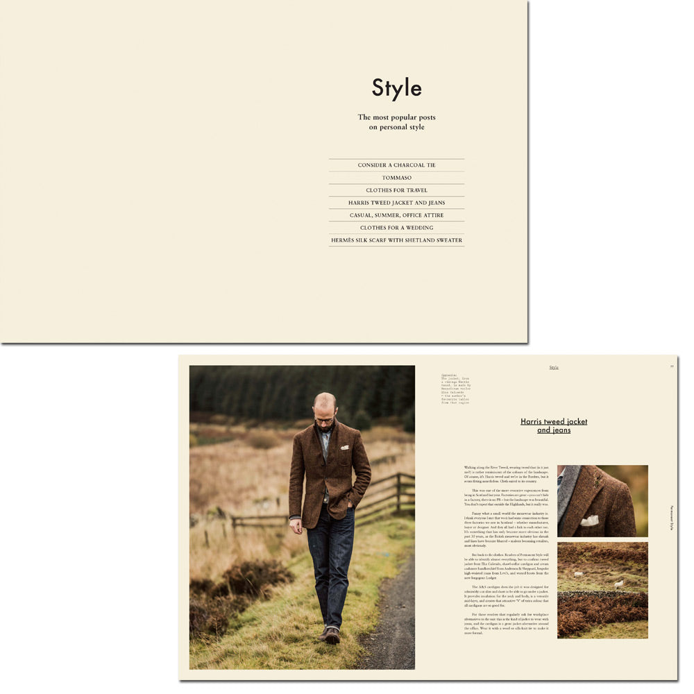 A luxury magazine spread showcasing menswear with a man in a brown jacket strolling down a path, featuring the Permanent Style Annual for 2015 from KirbyAllison.com.