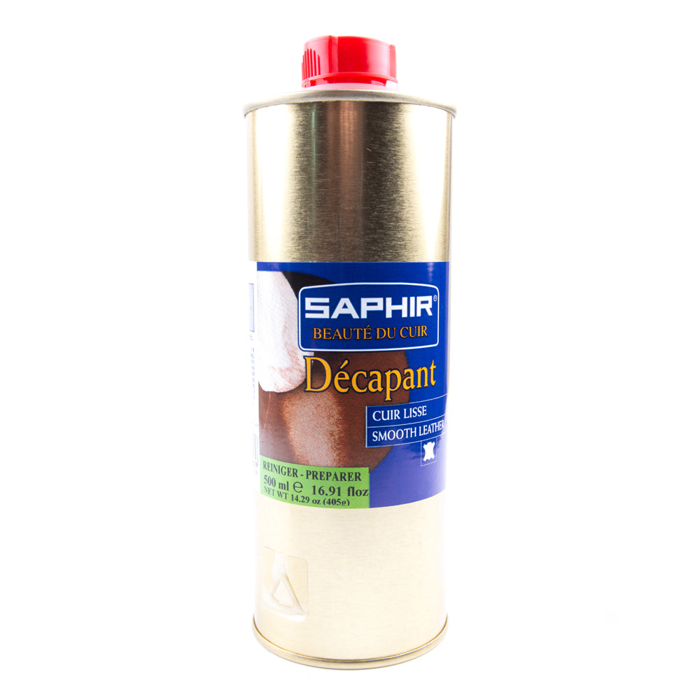 A bottle of Saphir Decapant Leather Stripper, used in the dyeing process for smooth leather, on a white background. (Brand: KirbyAllison.com)