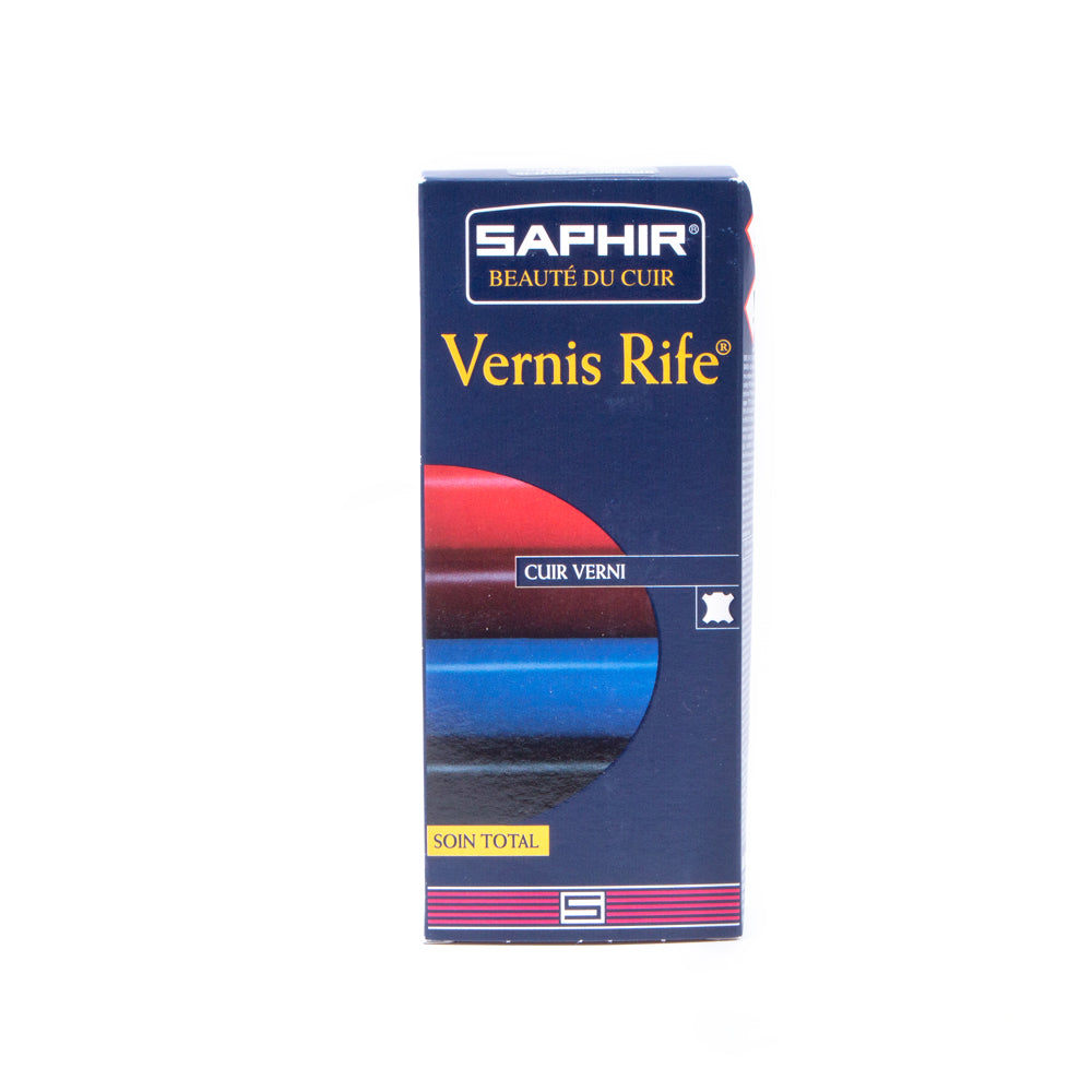 A box of Saphir Vernis Rife Patent Leather Cleaner by KirbyAllison.com on a white background.