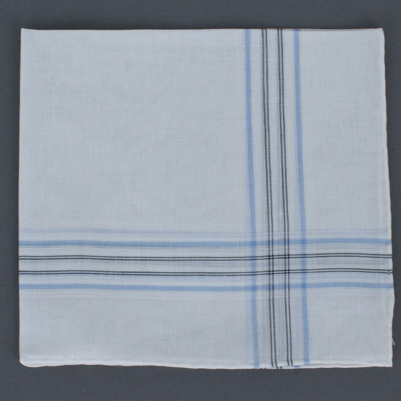 A Simonnot Godard Aran Pocket Square with blue and white stripes, made in France. Brand Name: KirbyAllison.com