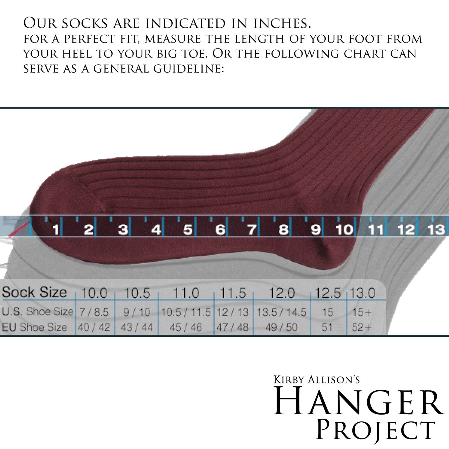 KirbyAllison.com's Hanger project Sovereign Grade Lana Pura Super-Fine OTC 100% Wool Socks size chart for moisture-wicking wool socks.
