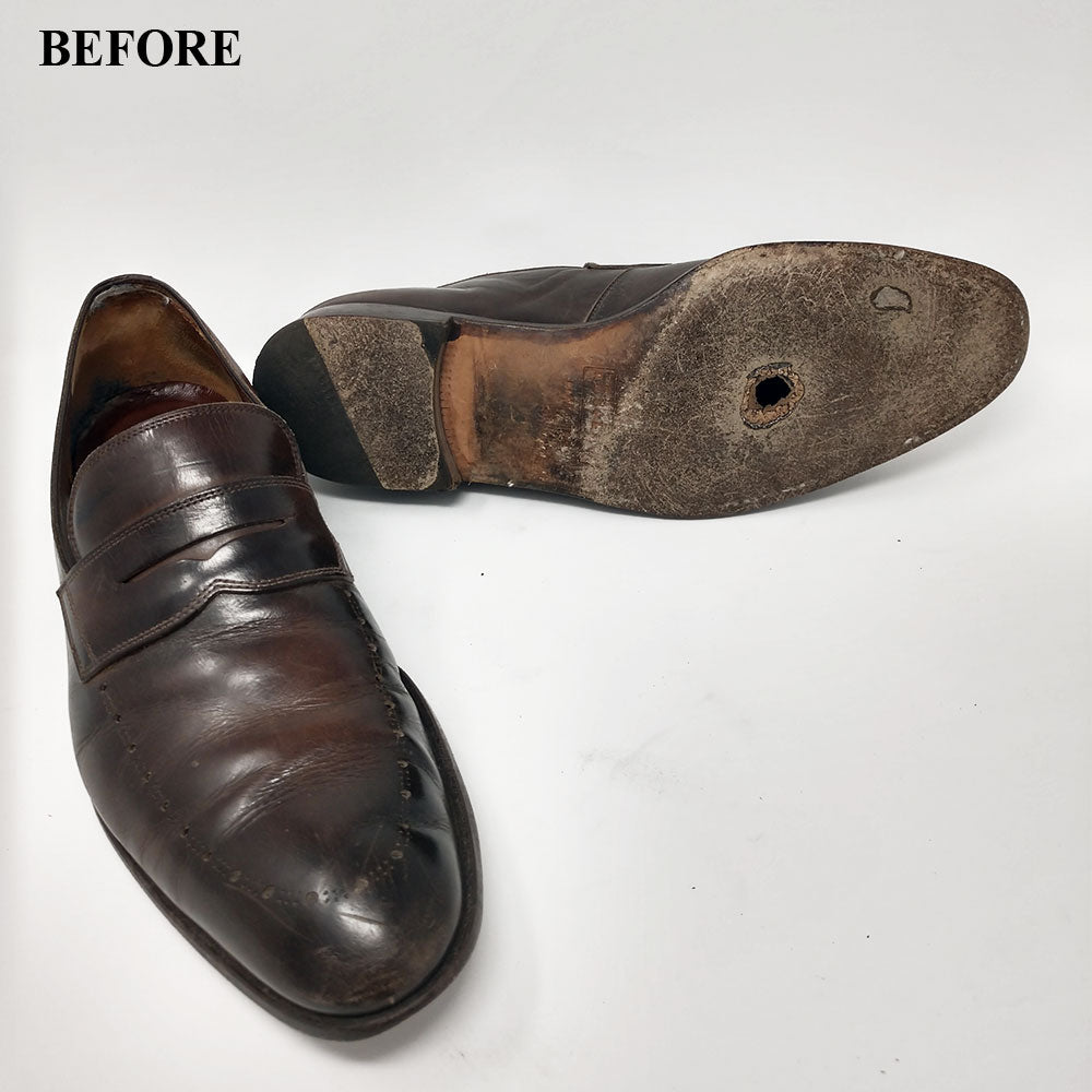 A pair of brown shoes with Kirby Allison Sovereign Grade Restoration and Refurbishment oak-bark tanned outsoles before and after shoe restoration from KirbyAllison.com.