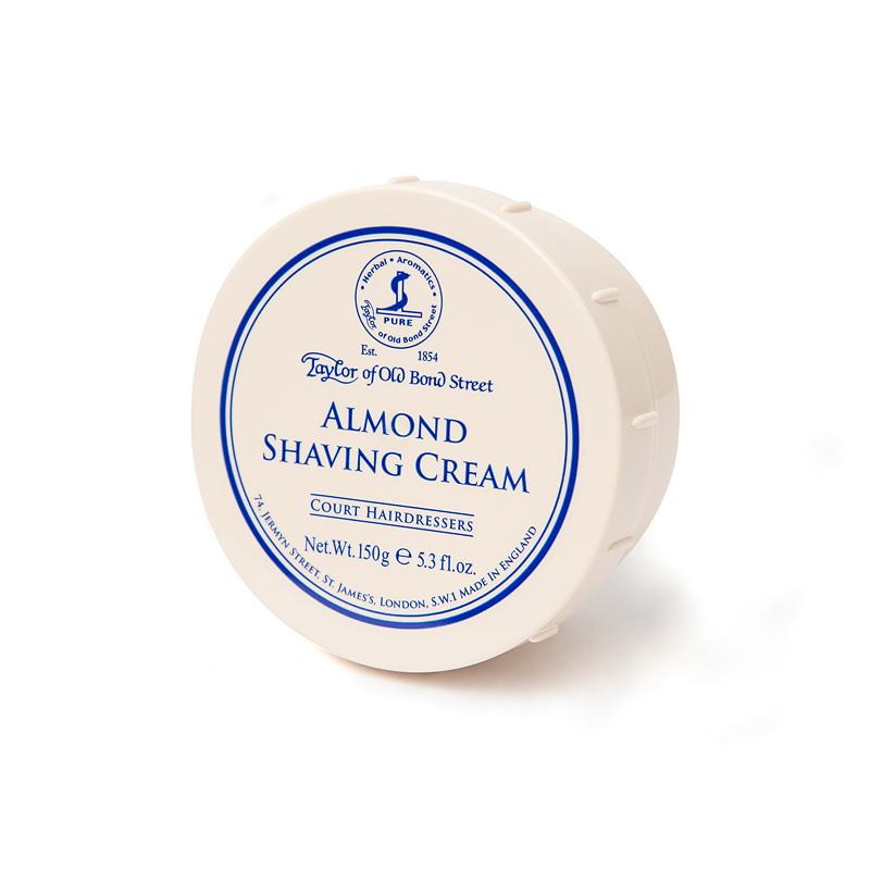 A tin of Almond Shaving Cream Bowl by Taylor of Old Bond Street, sold on KirbyAllison.com, on a white background.