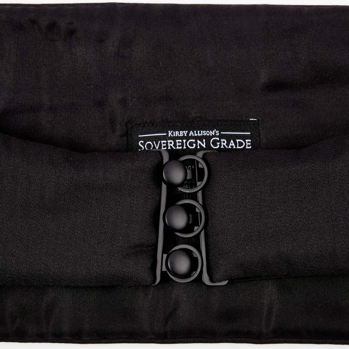 A formalwear accessory with a Sovereign Grade Black Barathea Cummerbund featuring a buckle from KirbyAllison.com.
