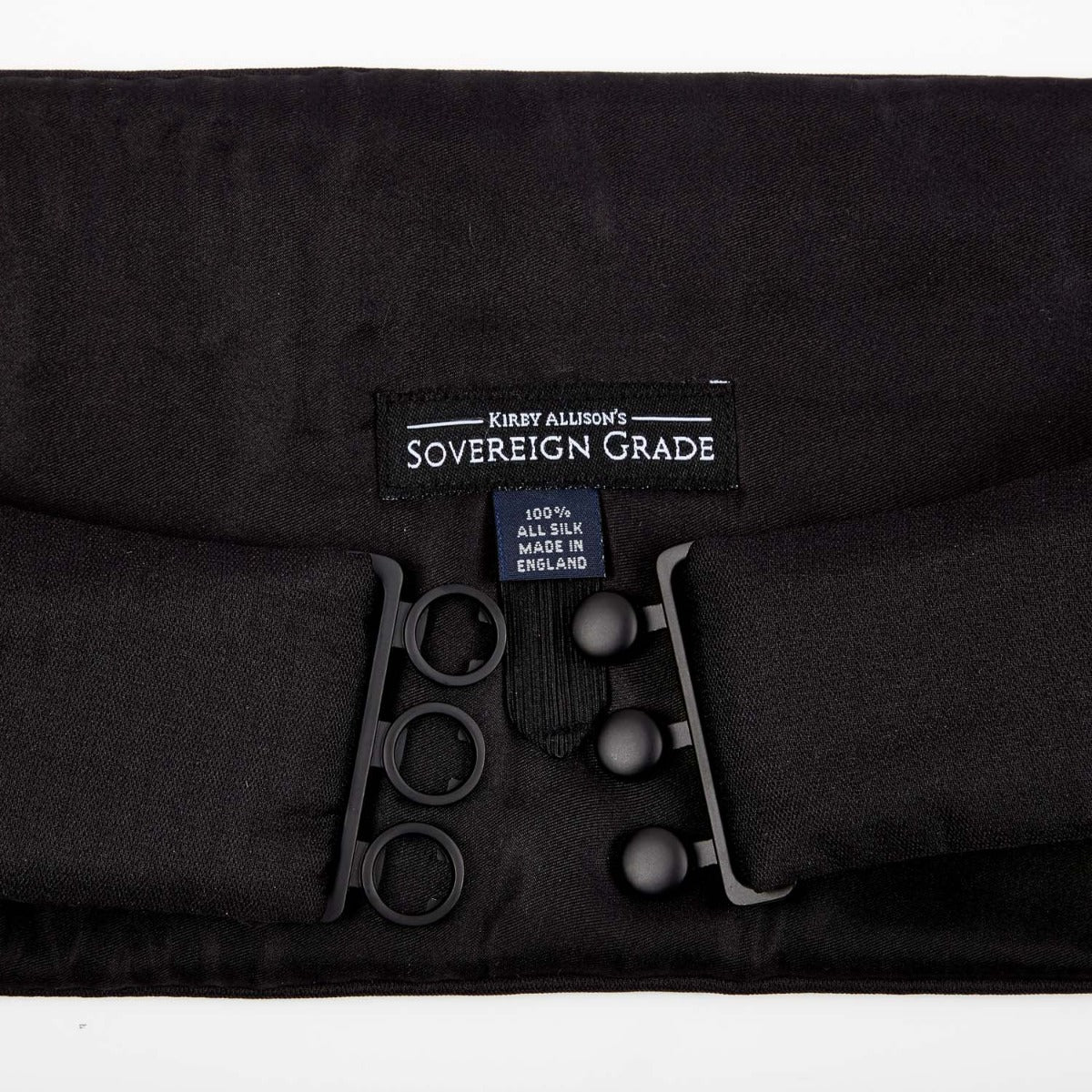 A Sovereign Grade Black Barathea Cummerbund, made of black barathea silk and featuring two KirbyAllison.com buckles, serving as a formalwear accessory.