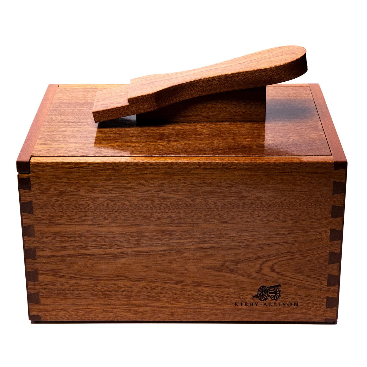 A handcrafted Deluxe Walnut Shoeshine Valet with a wooden handle on top by KirbyAllison.com.