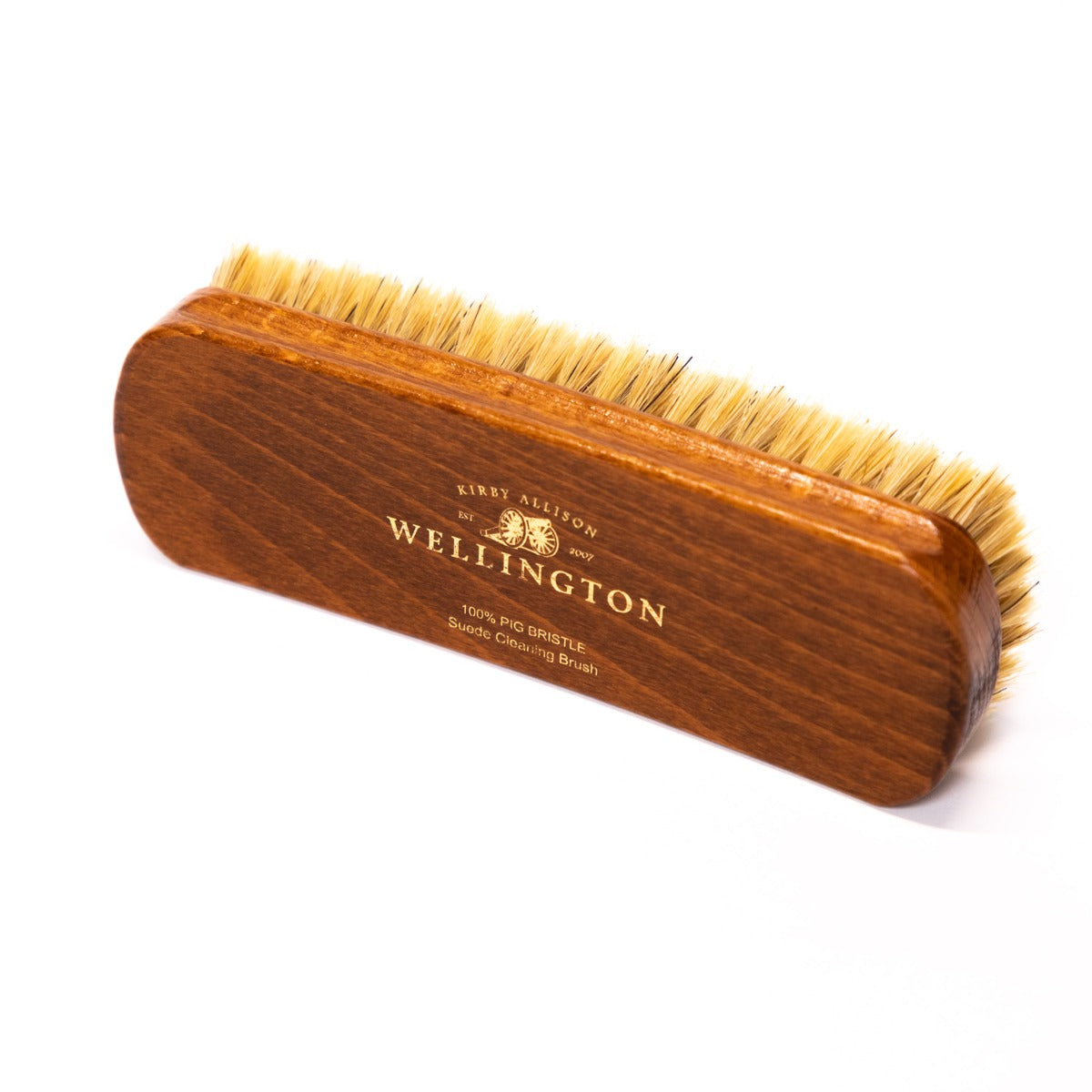 A Wellington Deluxe Pig Bristle Suede cleaning brush with the word KirbyAllison.com on it.