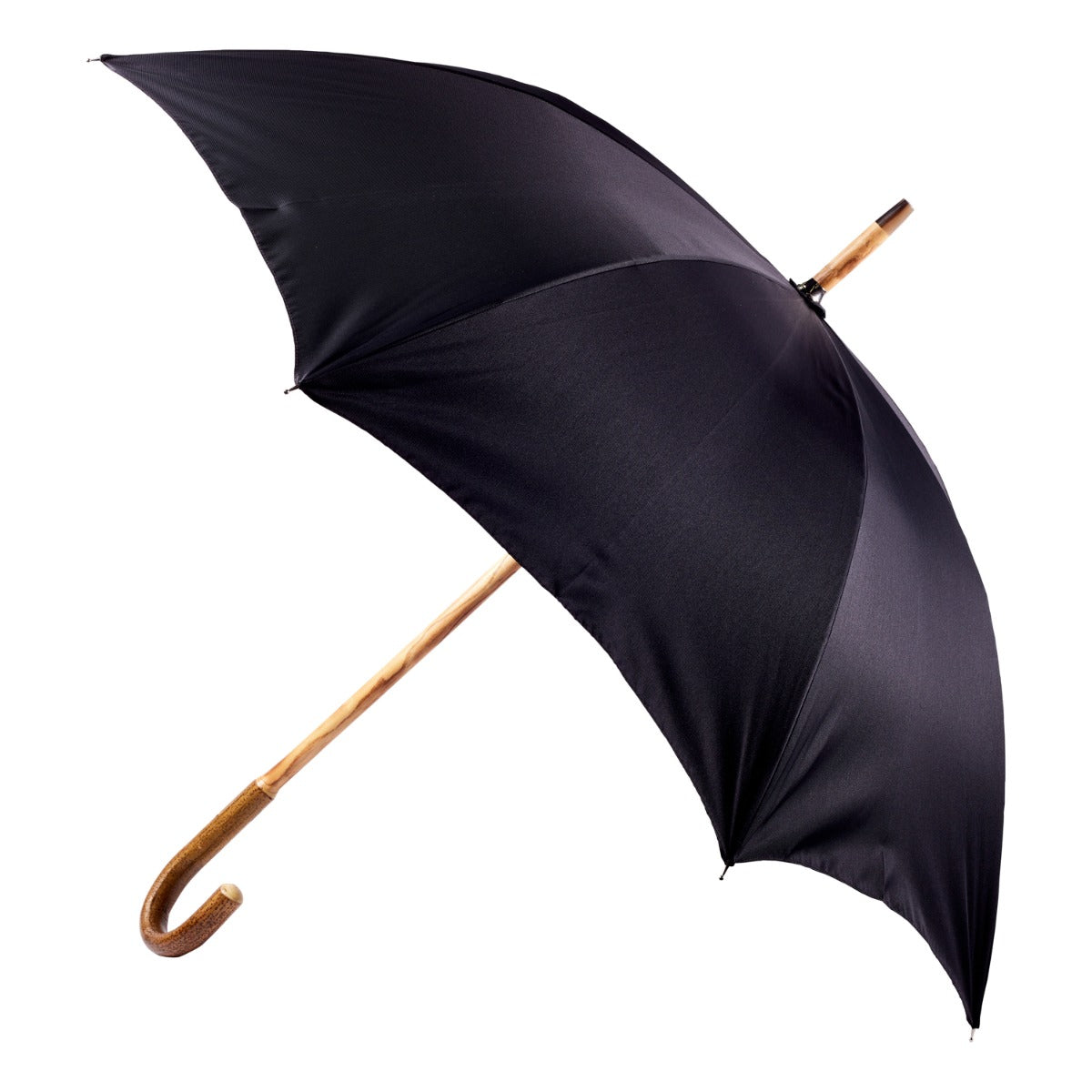A Palundio Umbrella with Black Twill Canopy from KirbyAllison.com, handmade with a wooden handle on a white background.