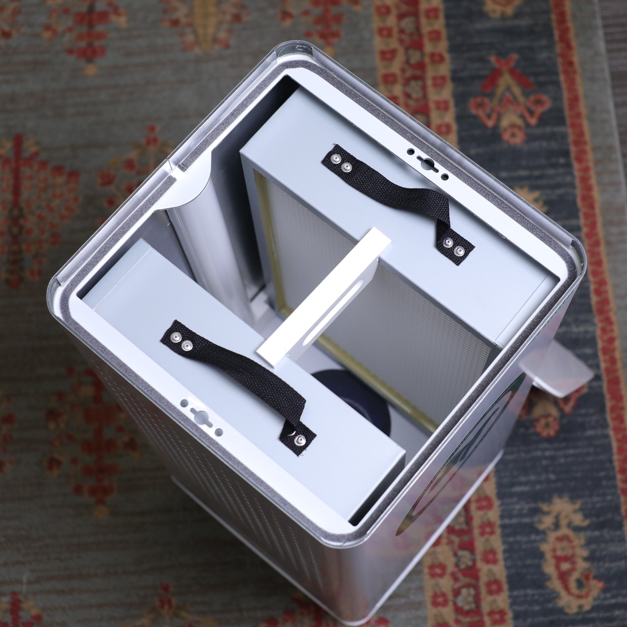 A silver CamFil box with two compartments designed for commercial air filtration.