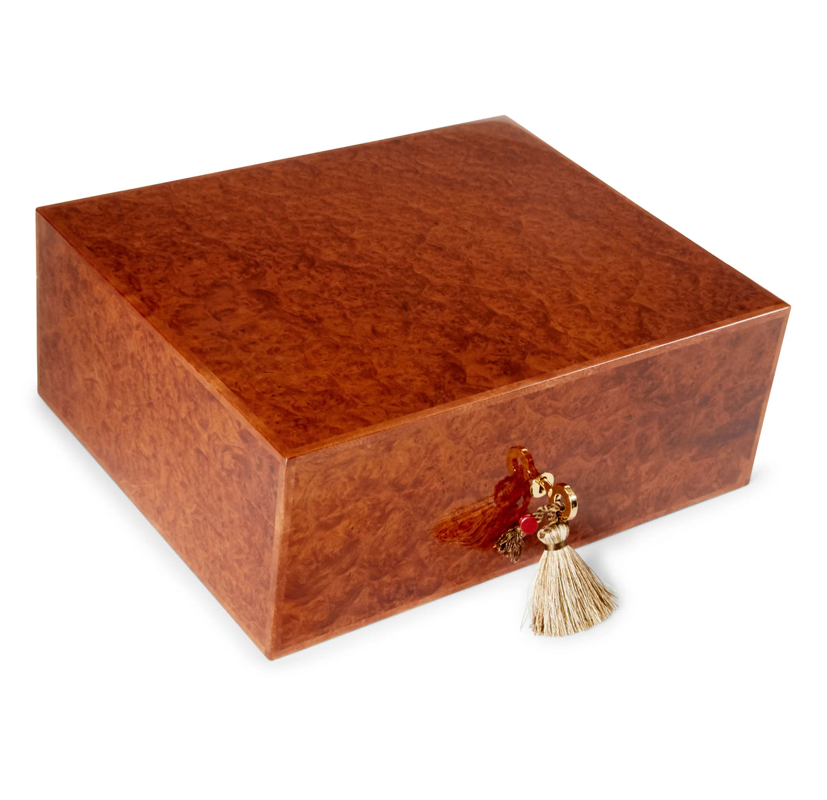 A wooden Elie Bleu Amboyna Burl "Classic" Humidor - 110 Cigars box with a tassel, perfect for cigar collection or tabletop humidors.