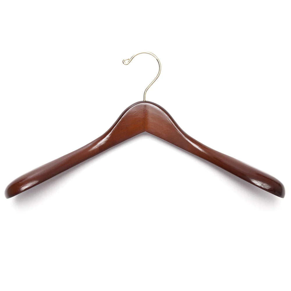 A tailor-made Luxury Wooden Jacket Hanger provided by KirbyAllison.com, providing essential support for luxury jackets, set against a white background.