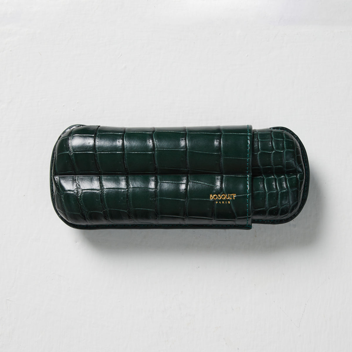 A Bosque green case for glasses made with Bosquet Crocodile leather.