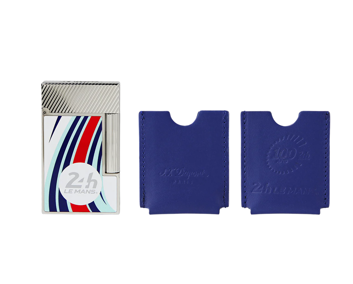 A collectible S.T. Dupont Le Mans Line 2 White and Palladium Lighter with a patriotic red, white, and blue design from S.T. Dupont.