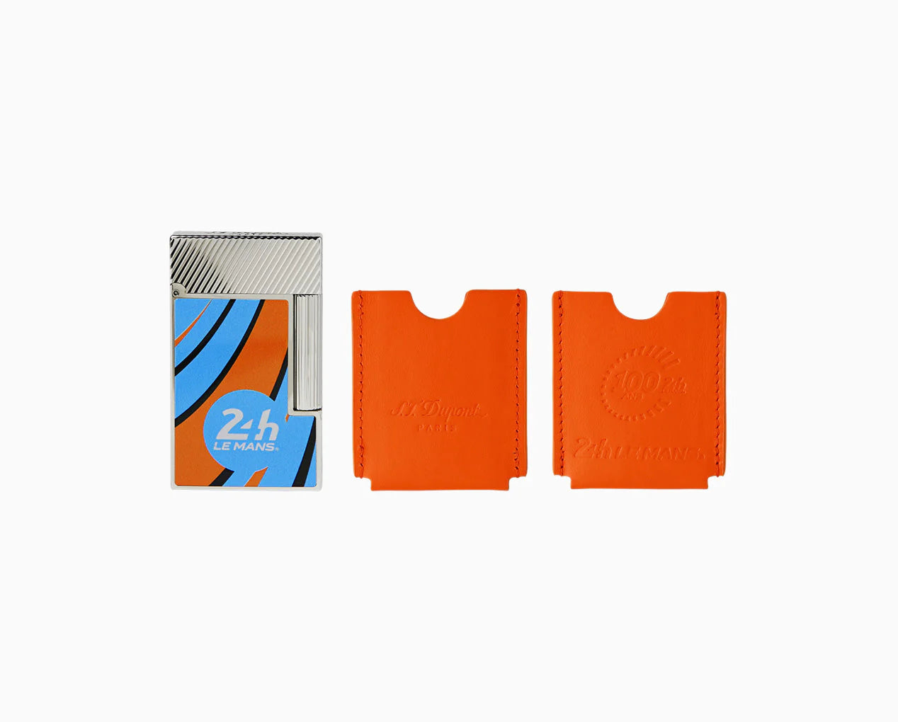 A pair of limited edition S.T. Dupont Line 2 Le Mans 24 Hour Lighter cases in orange and blue.